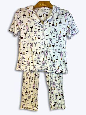 Womens S Wine Glass Pajamas PJ Set Lounge Sleepwear Red Rose Cozy Soft Stretch